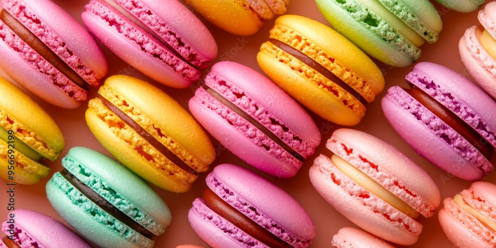 Colorful macaroon pastries displayed from above in a vibrant bakery setting Colorful macaroon pastries displayed from above in a vibrant bakery setting