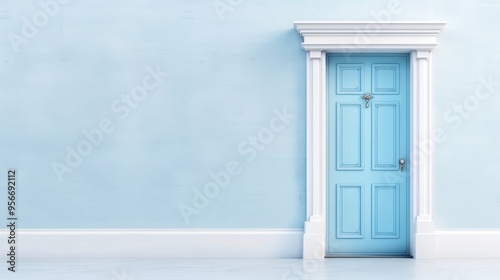 Serene entrance, charming blue door framed by white trim, minimalistic design against soft blue wall, inviting atmosphere and elegant simplicity.