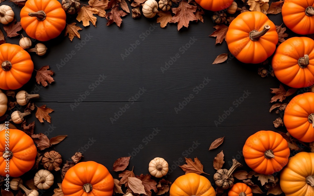A rustic autumnal frame of orange pumpkins and brown leaves on a black background, perfect for Thanksgiving or fall-themed designs.
A rustic autumnal frame of orange pumpkins and brown leaves on a black background, perfect for Thanksgiving or fall-themed designs.
