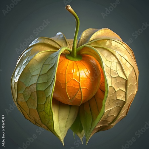 A vibrant. 3D rendered image of a single Cape Gooseberry (Physalis peruviana) fruit. encased in its distinctive. papery husk.
