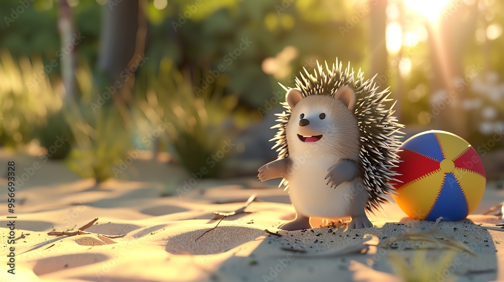 A cute cartoon hedgehog smiles on the beach near a beach ball. A cute cartoon hedgehog smiles on the beach near a beach ball.