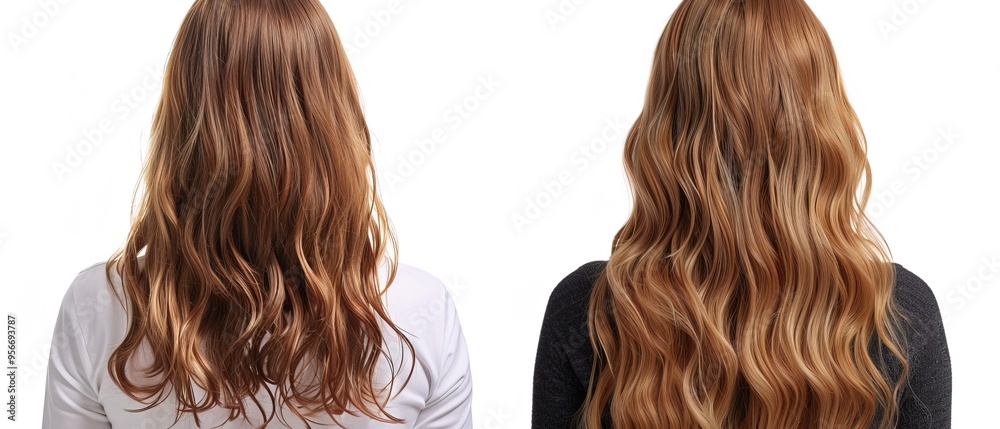 Woman before and after hair extensions on white background 