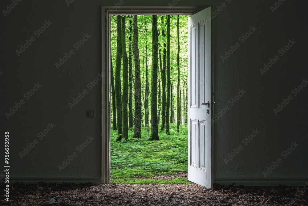 Fototapeta premium A door opened revealing a forest outside the room