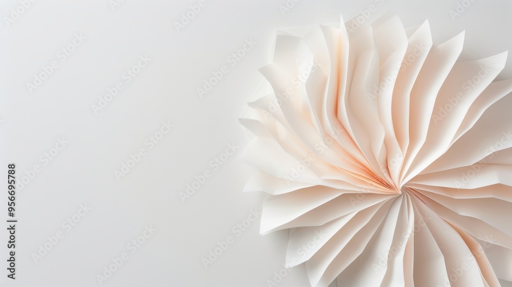 Obraz premium Delicate paper sculpture, intricate layers fan out harmoniously, elegant design evokes grace, minimalist background enhances focus on the artistry of the folded paper.