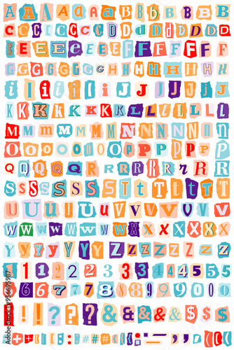Ransom Letters Cut Out cute pastel colorful alphabet. Collage Cutout Torn Paper Vector Blackmail Ransom Kidnapper Anonymous Note Font. Letters, Numbers and punctuation marks. Criminal ransom notes