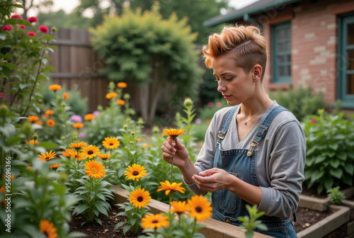 person watering flowers in the garden