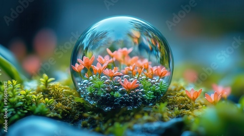 mesmerizing macro photograph of a water droplet containing a miniature ecosystem refracted light reveals tiny plants microorganisms and bubbles within the fragile sphere photo