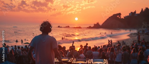 Dj mixing outdoor at beach party festival with crowd of people at sunset 