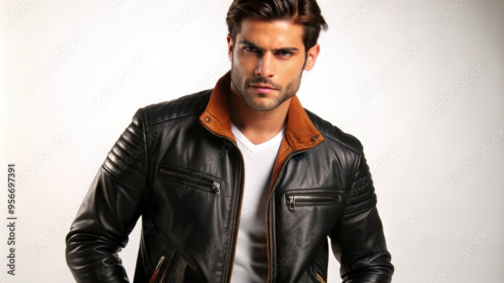Fototapeta premium Handsome Man in Black Leather Jacket and White T-Shirt
