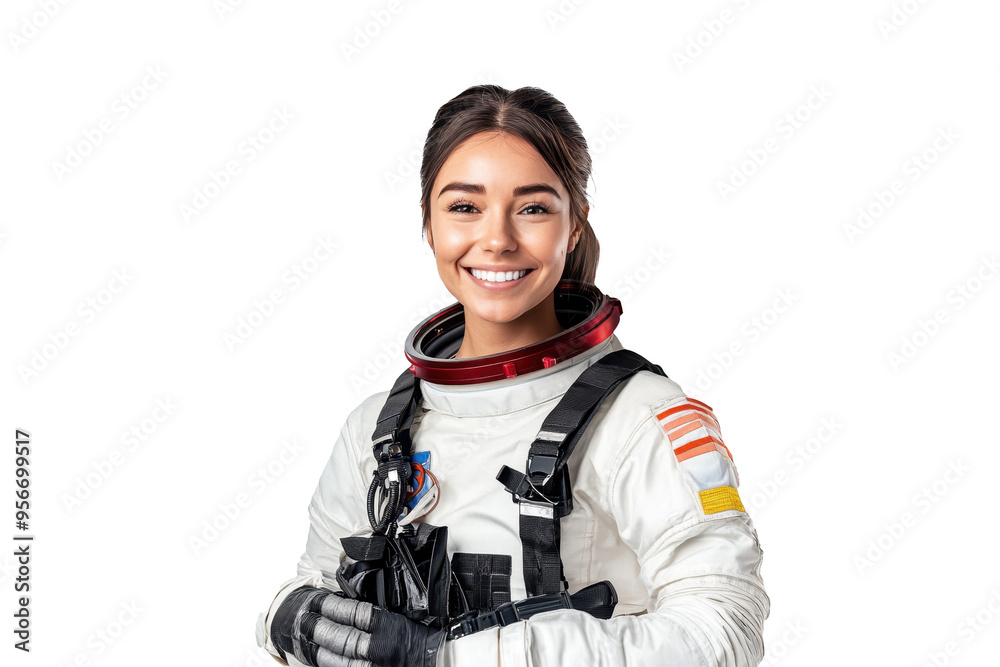 Front view portrait of a cheerful American female astronaut, set against a white transparent PNG cutout backdrop, professionally lit with a softbox for a polished look. Front view portrait of a cheerful American female astronaut, set against a white transparent PNG cutout backdrop, professionally lit with a softbox for a polished look.