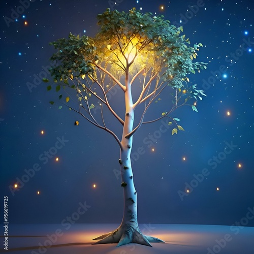 A magical 3D illustration of a paper birch tree glowing with warm light under a starry sky.