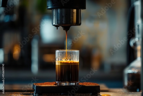 Coffee brewing process, rich espresso being extracted from an espresso machine into a clear glass, caramel-colored liquid flowing with creamy froth, scattered coffee grounds below. photo