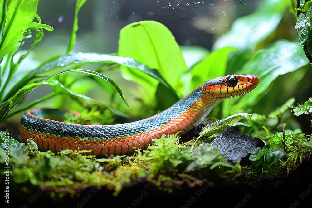 A Vibrant Snake Coiled in Lush Green Foliage A Vibrant Snake Coiled in Lush Green Foliage
