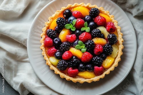 Vibrant fruit tart with berries on elegant plate - dessert delight for food lovers.