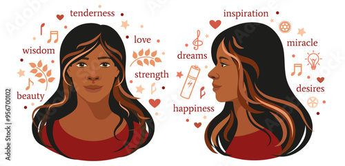 Flat Vector Concept Illustration Set of a Beautiful African American Woman - Front View and Profile	
