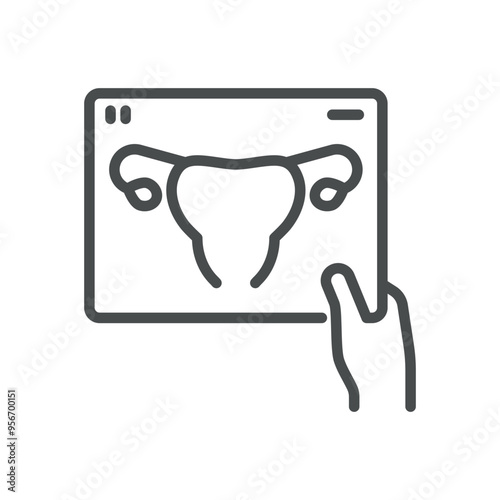 Female Health Check-Up Icon. Simple Line Illustration of Uterus X-Ray Held by Hand, Representing Gynecological Examination and Women’s Health.