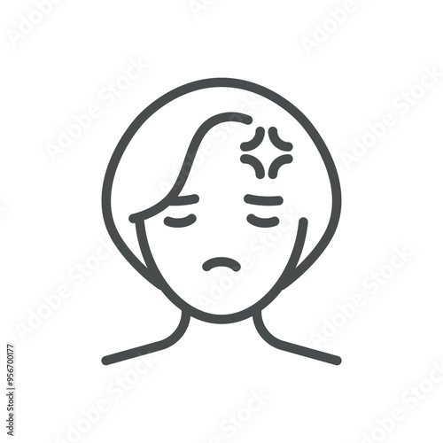 Headache Symptom Icon. Simple Line Illustration of a Person with a Pained Expression and Forehead Mark, Representing Migraine and Head Pain.