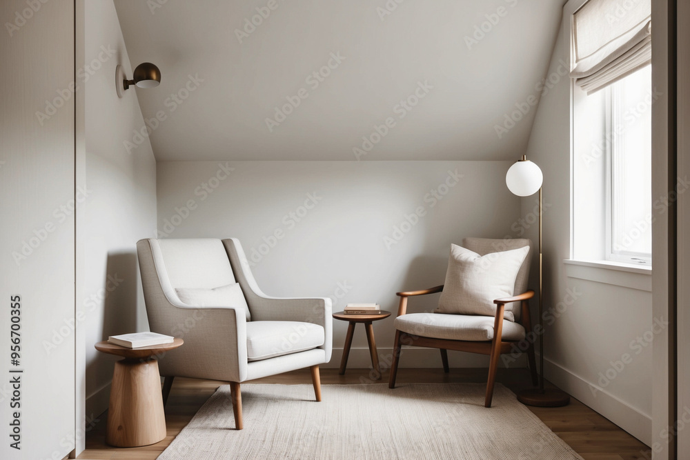A cozy reading nook with Scandinavian and mid-century modern influences, featuring a minimalist armchair A cozy reading nook with Scandinavian and mid-century modern influences, featuring a minimalist armchair