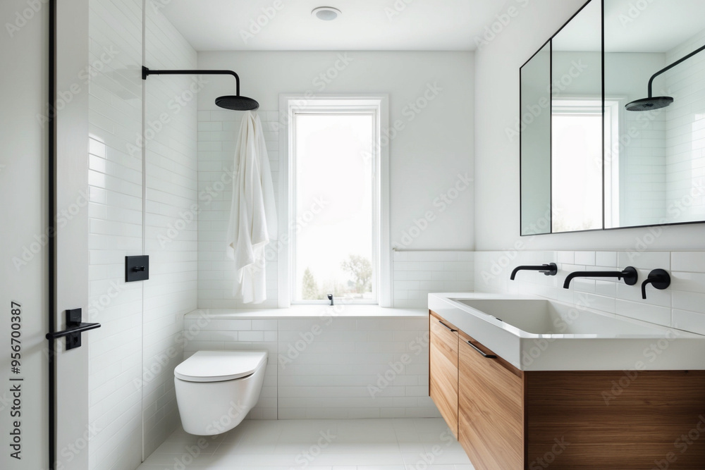 A minimalist bathroom with Scandinavian design, featuring white tiles, a wooden vanity, and sleek fixtures A minimalist bathroom with Scandinavian design, featuring white tiles, a wooden vanity, and sleek fixtures