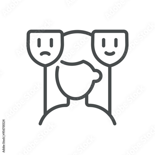 Mood Changes Icon. Simple Line Illustration of a Person with Happy and Sad Masks, Representing Emotional Variability, Mood Swings and Mental Health.
