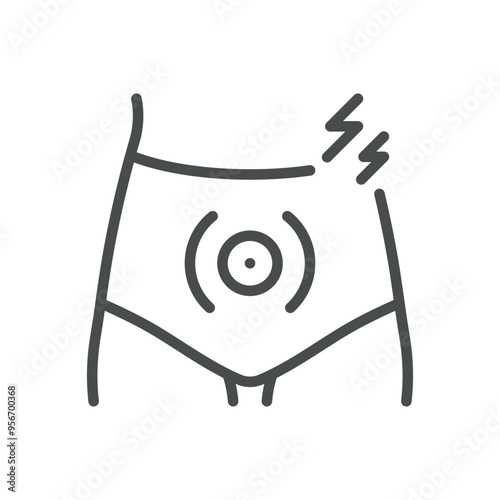Premenstrual Syndrome Icon. Simple Line Illustration of Lower Abdomen with Pain Signals, Representing PMS Symptoms and Menstrual Discomfort.
