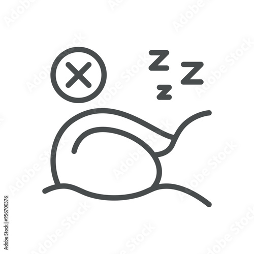 Sleep Problems Icon. Simple Line Illustration of a Person in Bed with a Cross and Zzz, Representing Sleep Disorders and Insomnia.