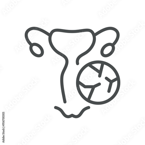 Vaginal Atrophy and Dryness Icon. Thin Line Illustration of Female Reproductive System with Cracked Symbol, Representing Menopausal Changes and Health Issues. Isolated Outline Vector Sign.