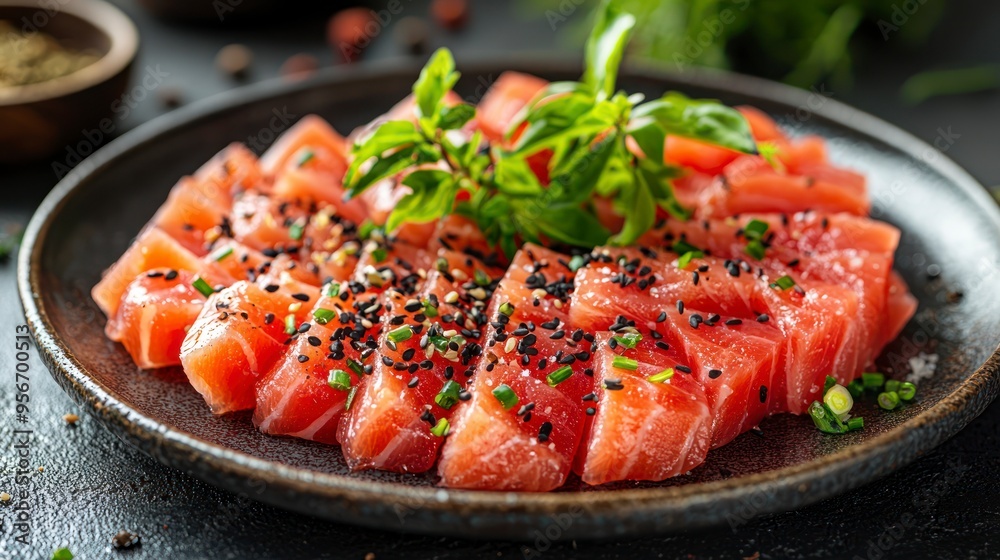 Closeup of a plate of fresh salmon sashimi garnished with herbs Closeup of a plate of fresh salmon sashimi garnished with herbs