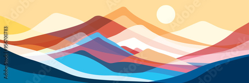 Mountains flat color illustration. Abstract simple landscape. Colorful multiply translucent glass hills. Multicolored abstract shapes. Vector design art