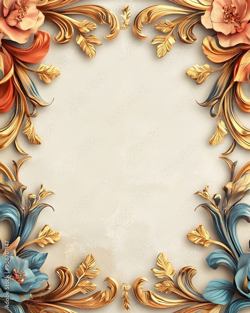Elegant gold and blue floral frame on a textured white background. Template for quotes, and greetings cards