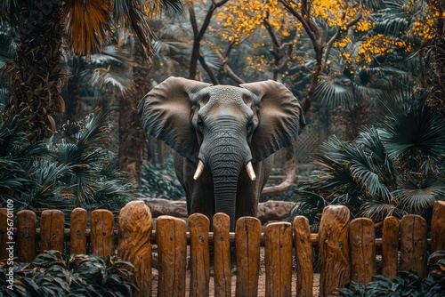 Elephant Standing Behind a Wooden Fence in a Lush Tropical Setting photo