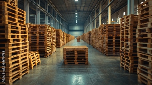 Symmetrical wooden pallets in an expansive warehouse, capturing the scale and preparation for distribution, industrial scene