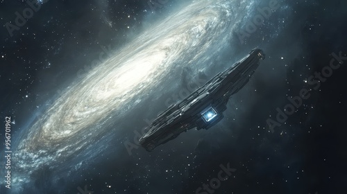 Spacecraft on the Edge of a Spiral Galaxy. Intergalactic Journey 