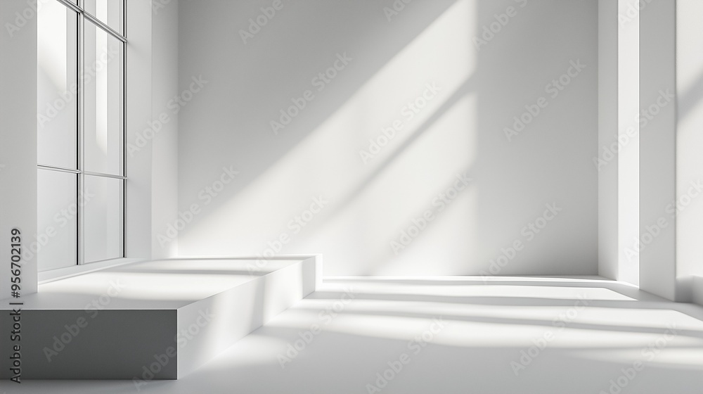 Fototapeta premium Minimalist Abstract White Background with Soft Shadows and Light Reflections, Ideal for Product Display or Advertising Backdrop in a Studio Setting