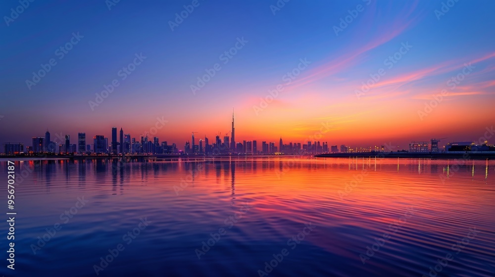 Stunning sunset over a city skyline reflecting on calm water, vibrant colors illuminate the scene with beauty and tranquility. Stunning sunset over a city skyline reflecting on calm water, vibrant colors illuminate the scene with beauty and tranquility.
