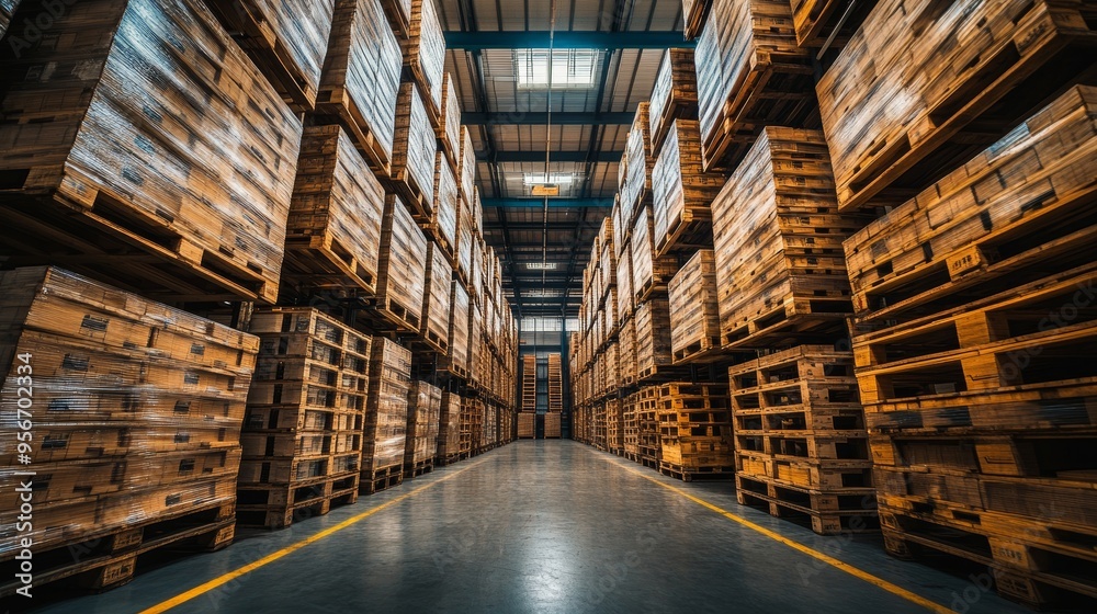 Towering stacks of pallets in a modern warehouse, showcasing efficiency in logistics, natural lighting enhances the industrial atmosphere Towering stacks of pallets in a modern warehouse, showcasing efficiency in logistics, natural lighting enhances the industrial atmosphere