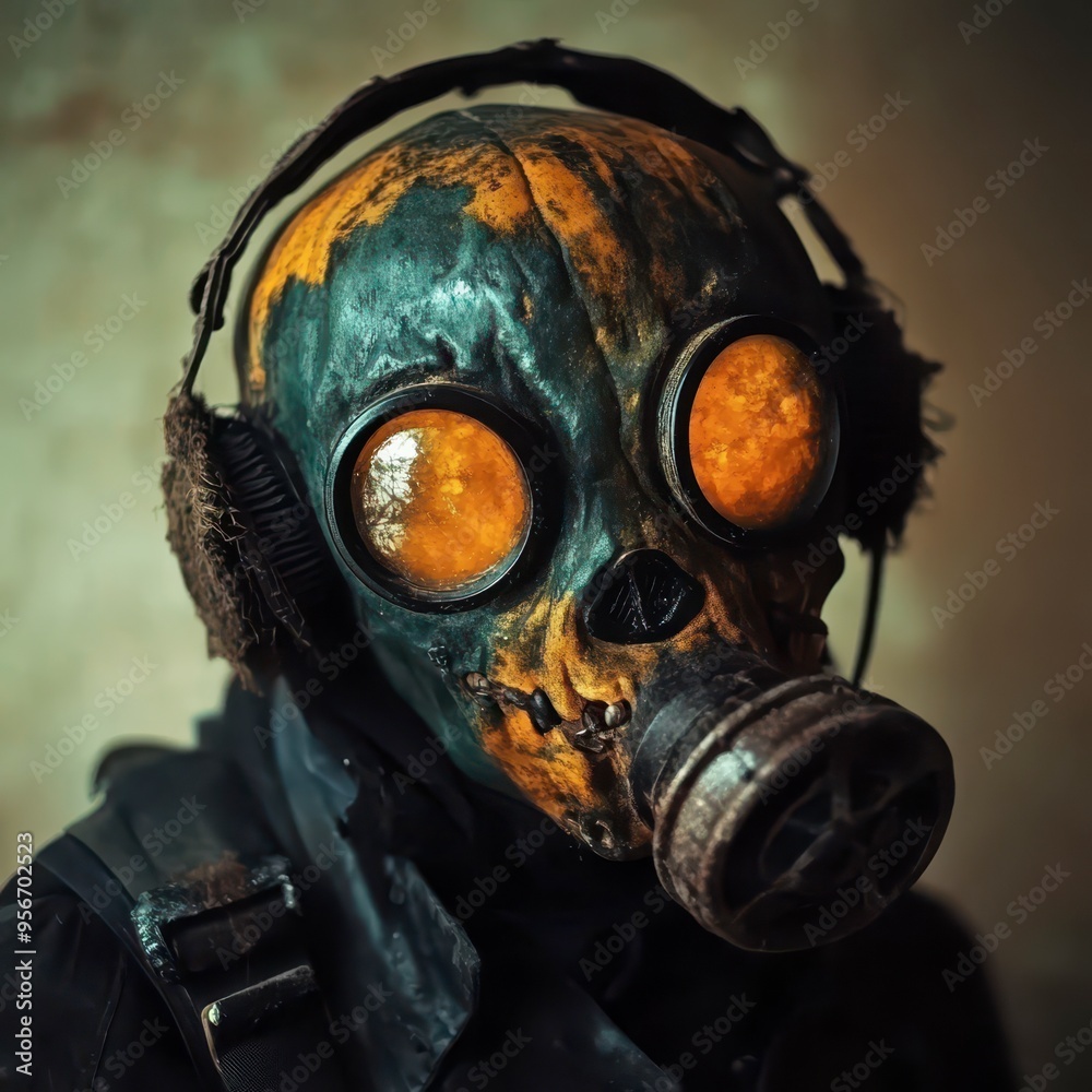 An eerie figure in a gas mask with glowing eyes in an abandoned space
