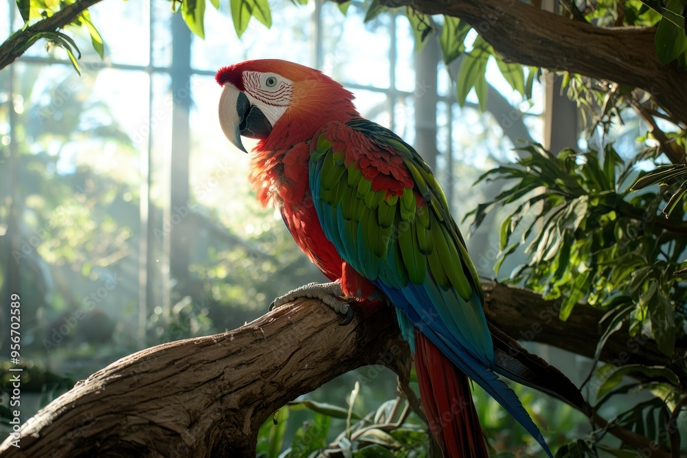 Obraz premium Scarlet Macaw Perched on a Branch in a Lush Tropical Setting