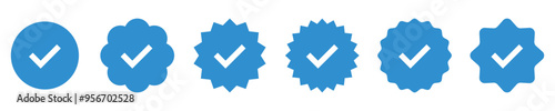 Verified badge profile icons set. Social media checks, guaranteed signs, blue check marks.