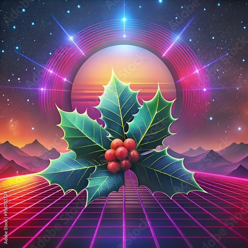 A striking 3D illustration of a holly sprig adorned with red berries against a vibrant. retro futuristic backdrop.