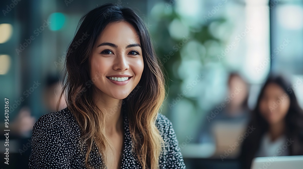 A smiling young Asian woman is captured in a moment of professional joy within an office. A smiling young Asian woman is captured in a moment of professional joy within an office.