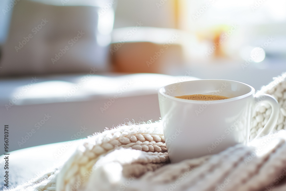 The sun streams through a window, casting light on a snug atmosphere. A steaming cup of coffee rests on a soft blanket, inviting moments of relaxation and comfort The sun streams through a window, casting light on a snug atmosphere. A steaming cup of coffee rests on a soft blanket, inviting moments of relaxation and comfort