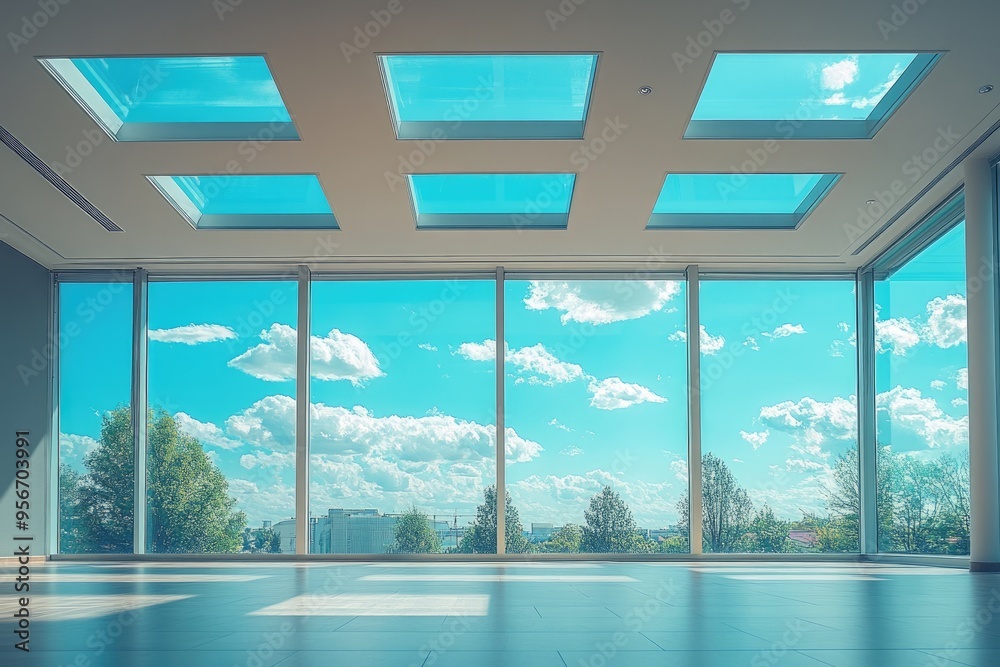 Modern empty office interior with skylights showing blue sky Modern empty office interior with skylights showing blue sky