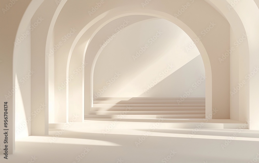 Fototapeta premium Minimalist Abstract White Background with Soft Shadows and Light Reflections, Ideal for Product Display or Advertising Backdrop in a Studio Setting