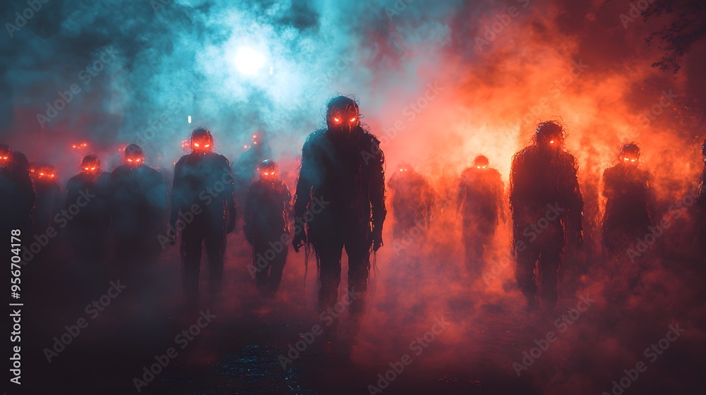 A 3D realistic scene of a Halloween festival at night, featuring a crowd of people wearing sci-fi horror masks with glowing elements. The atmosphere is filled with fog, eerie lights, and shadows, A 3D realistic scene of a Halloween festival at night, featuring a crowd of people wearing sci-fi horror masks with glowing elements. The atmosphere is filled with fog, eerie lights, and shadows,