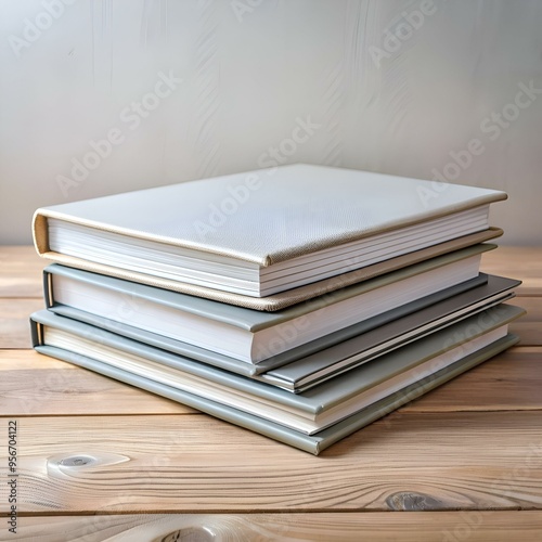 A stack of four hardcover books on a wooden table. ready for your text or image.