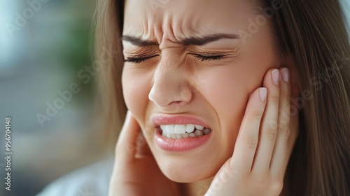 Young woman suffering from strong toothache touching cheek