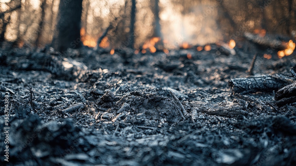 A close-up of grey ash scattered on a forest floor after a wildfire. A close-up of grey ash scattered on a forest floor after a wildfire.
