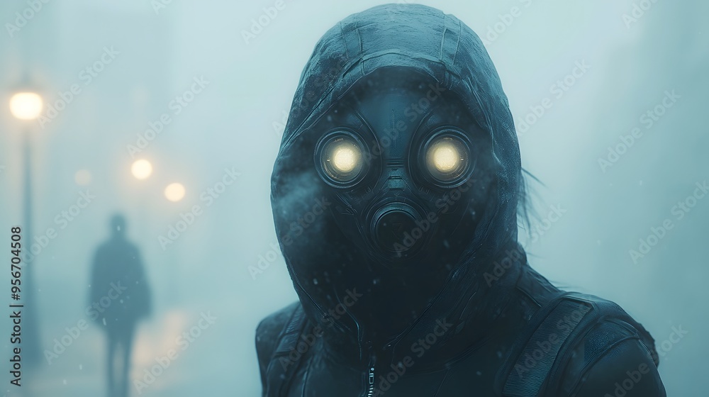 A realistic 3D image of a woman in a futuristic horror mask, standing alone under a streetlamp, surrounded by a thick fog. Her mask has glowing eyes and metallic details that catch the light. A realistic 3D image of a woman in a futuristic horror mask, standing alone under a streetlamp, surrounded by a thick fog. Her mask has glowing eyes and metallic details that catch the light.