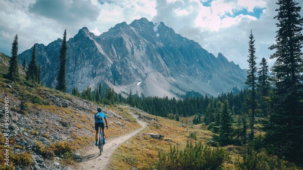 A cyclist in motion on a mountain trail, surrounded by rugged terrain and dramatic natural scenery. A cyclist in motion on a mountain trail, surrounded by rugged terrain and dramatic natural scenery.